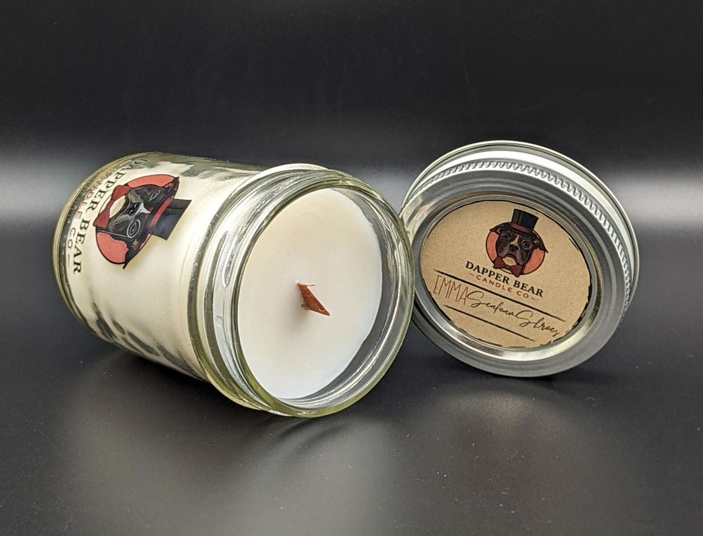 a wooden wick 8oz soy mason jar candle